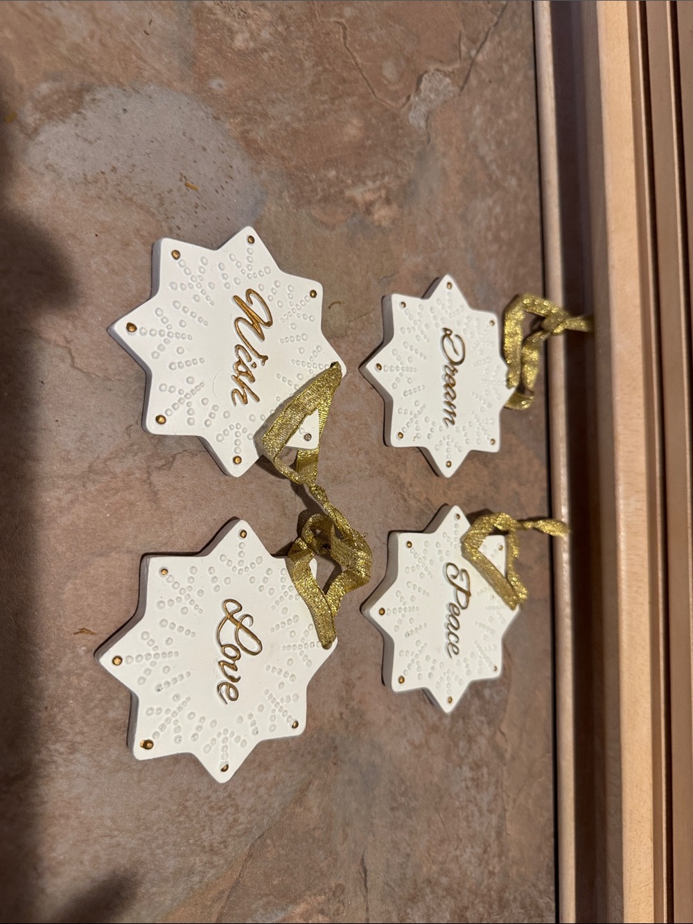 Holiday Star Ornament Set - White & Gold "Love, Peace, Wish, Dream"